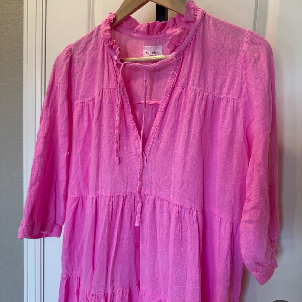 HONORINE Hibiscus Giselle Midi Dress Womens Pink Cotton Gauze Tiered Size M - Picture 3 of 8